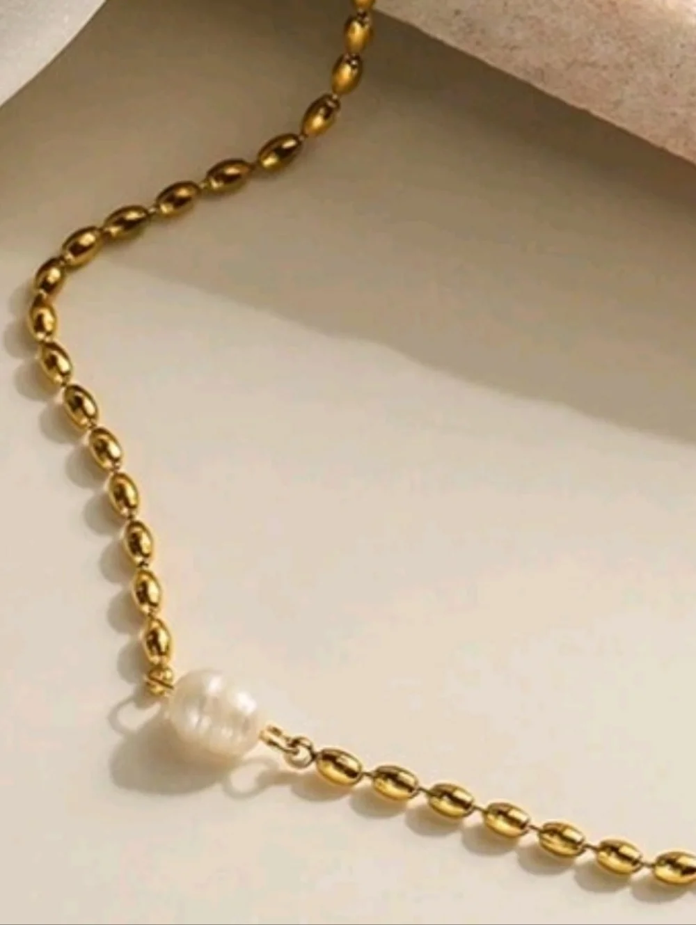 18k gp bean necklace with real freshwater pearl; 15.75" w/a 1.97" extender; nwot - Picture 6 of 10